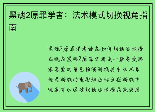 黑魂2原罪学者：法术模式切换视角指南